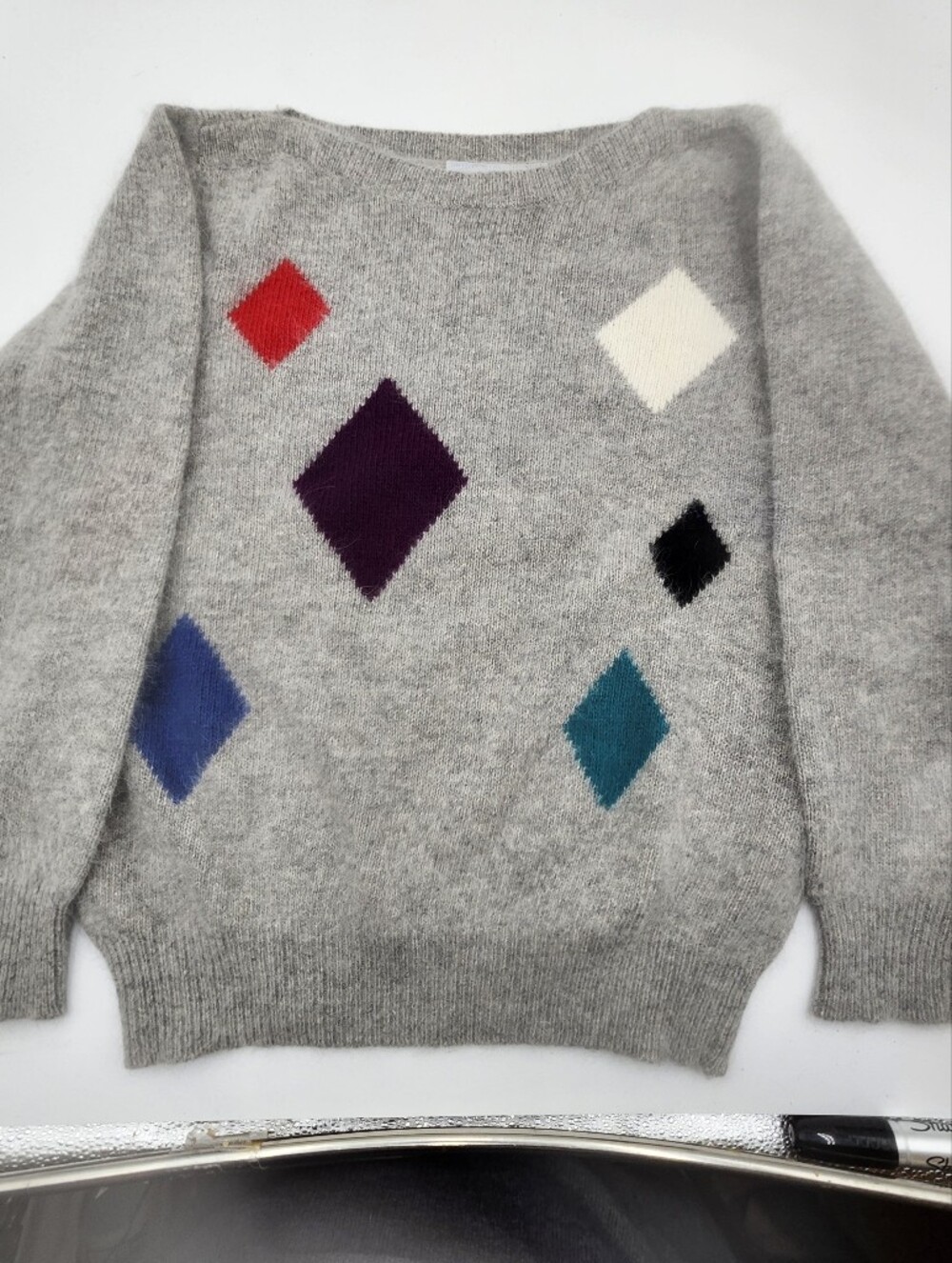 Vintage Grey Diamond Pattern Sweater Lambs Wpol Angora Soft